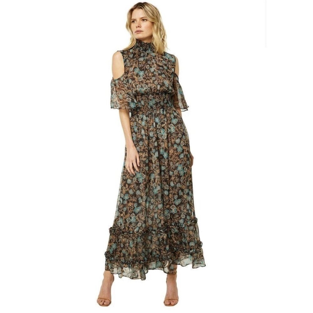 Misa Los Angeles Plum Maxi Dress in Chiffon Turquoise Gold Cold Shoulder Floral